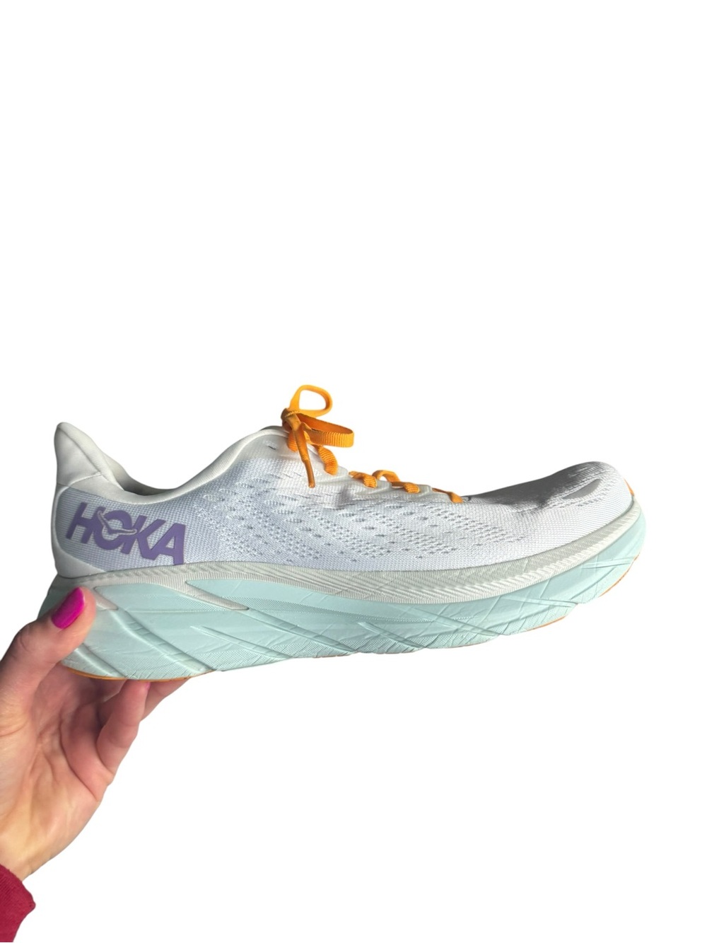 Hoka Clifton 8 Wide Running Shoes Women’s 11D White Orange Athletic Sneakers